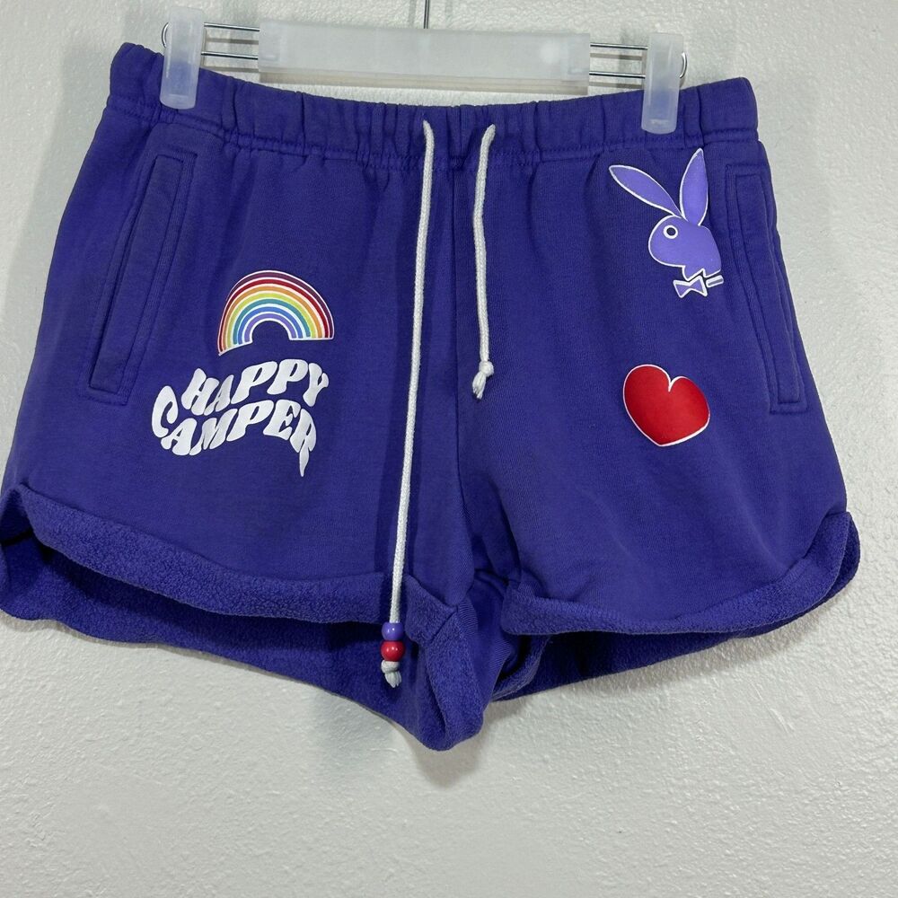 PLAYBOY PacSun Shorts Womens S Purple Happy Camper Rainbow Bunny Heart Fleece